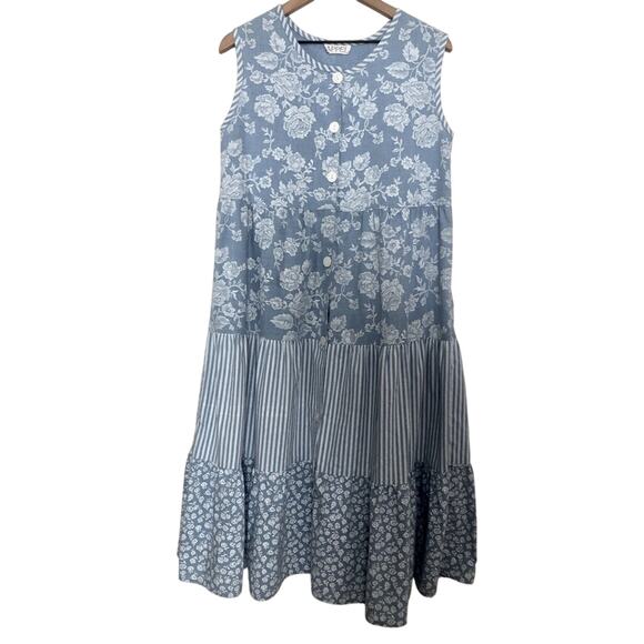 Vintage 80s 90s Appel Soft Denim Tier Button Blue White Floral Jean Midi Dress - Picture 1 of 5